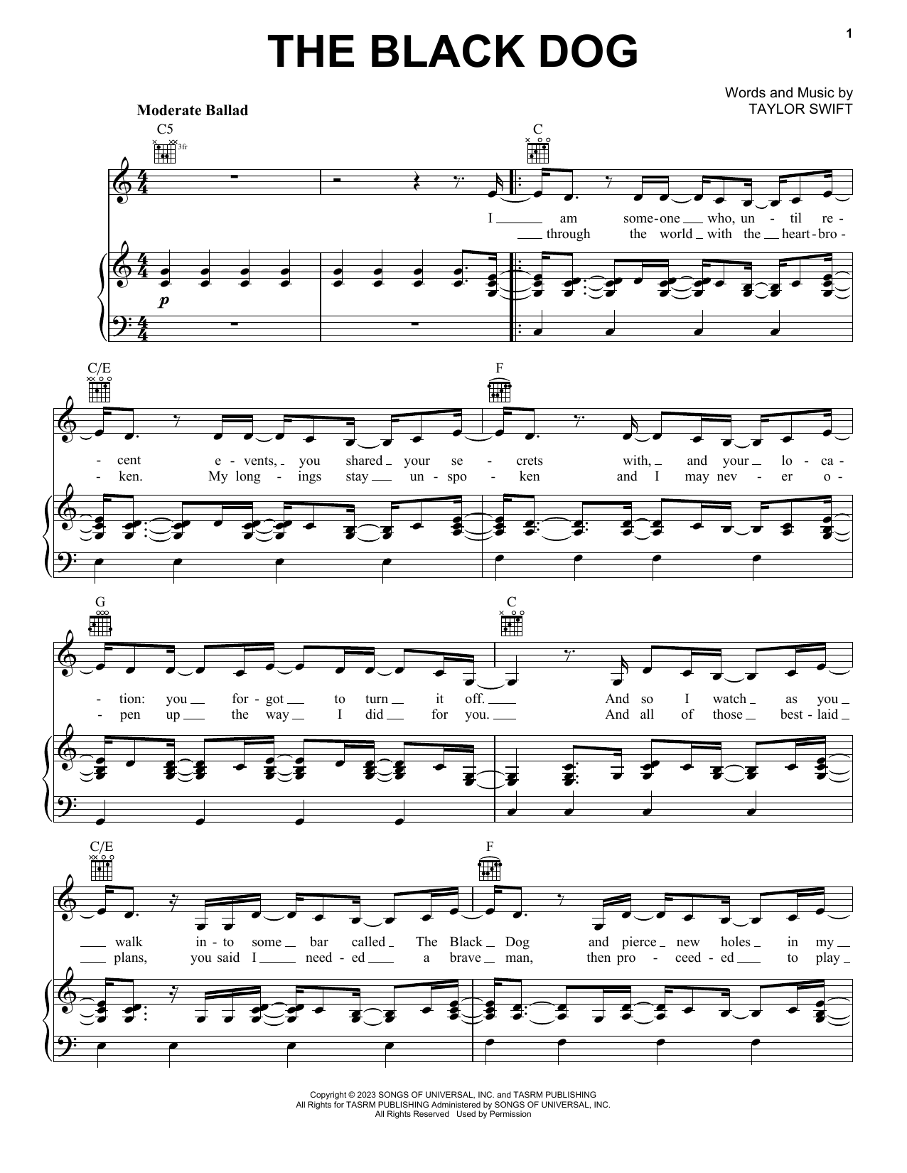 Taylor Swift The Black Dog Sheet Music Notes & Chords for Piano, Vocal & Guitar Chords (Right-Hand Melody) - Download or Print PDF