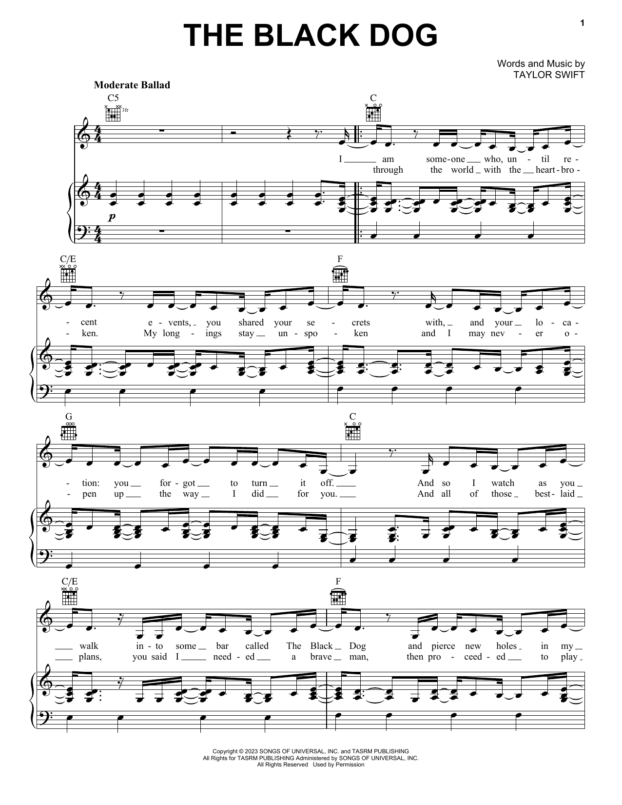 Taylor Swift The Black Dog Sheet Music Notes & Chords for Piano, Vocal & Guitar Chords (Right-Hand Melody) - Download or Print PDF
