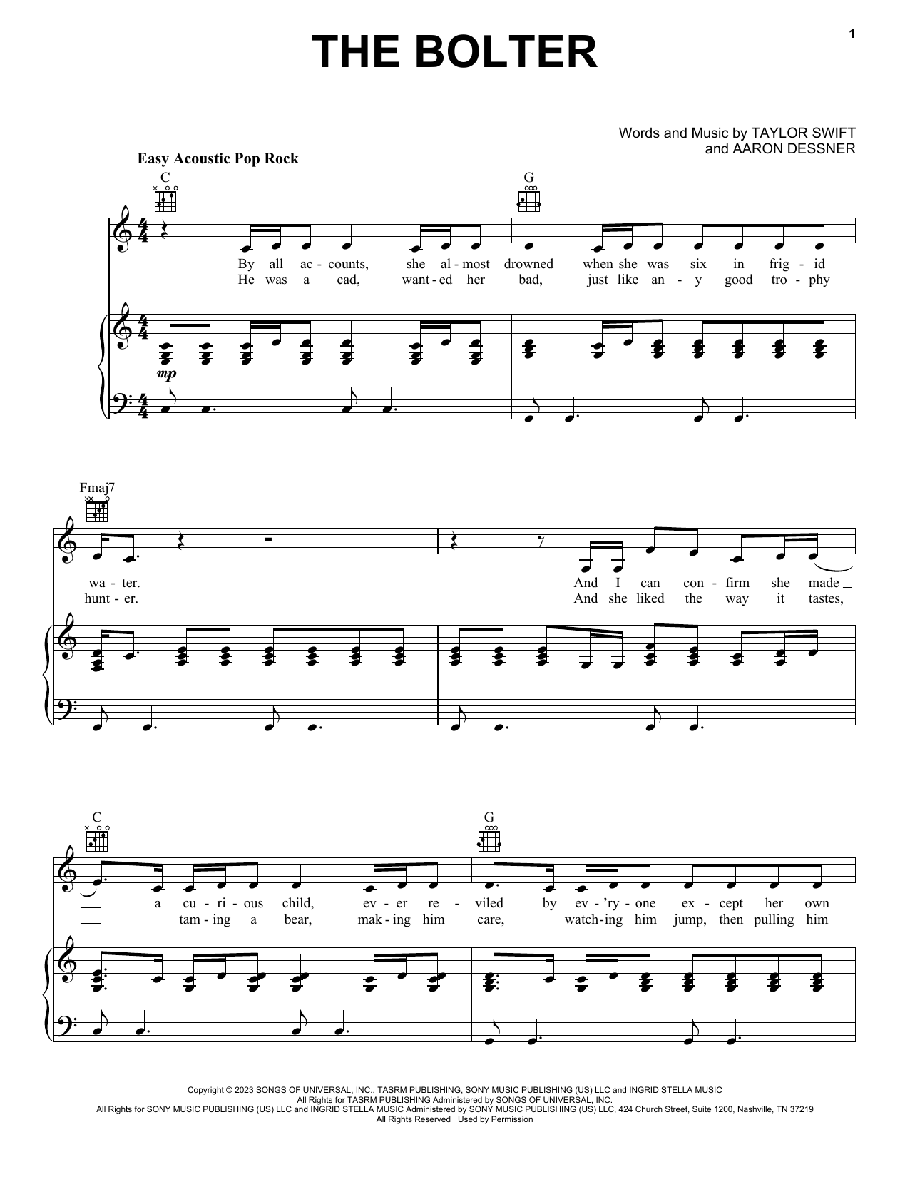 Taylor Swift The Bolter Sheet Music Notes & Chords for Piano, Vocal & Guitar Chords (Right-Hand Melody) - Download or Print PDF