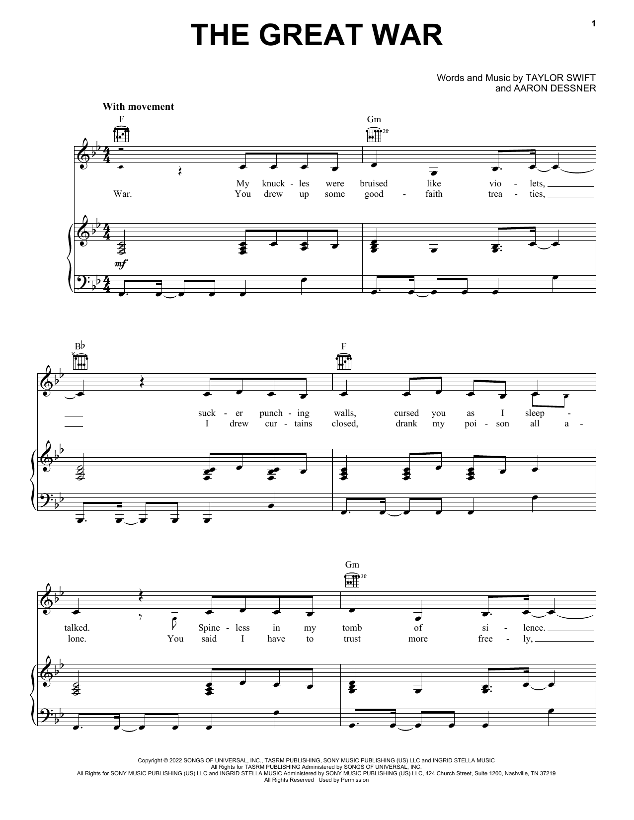 Taylor Swift The Great War Sheet Music Notes & Chords for Piano, Vocal & Guitar Chords (Right-Hand Melody) - Download or Print PDF