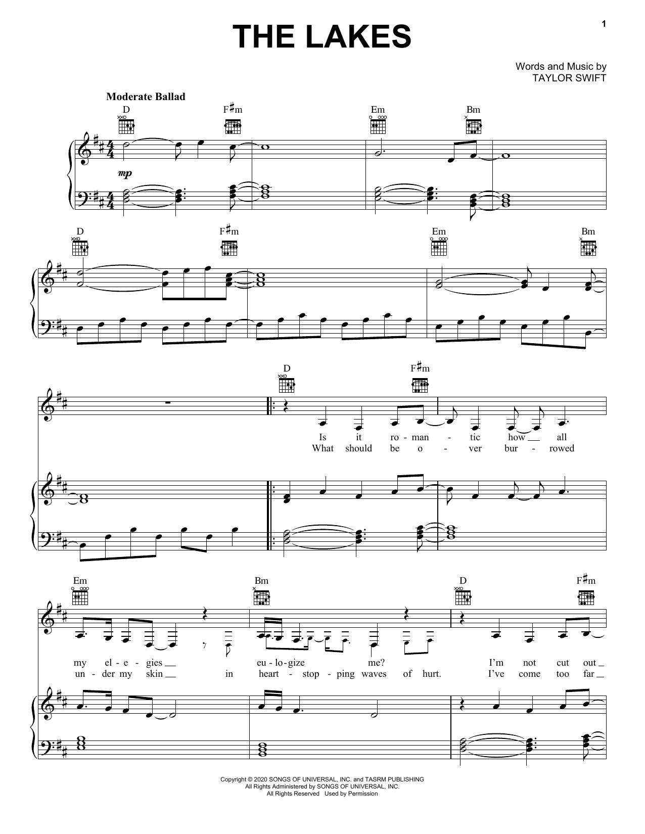 Taylor Swift the lakes Sheet Music Notes & Chords for Piano, Vocal & Guitar (Right-Hand Melody) - Download or Print PDF