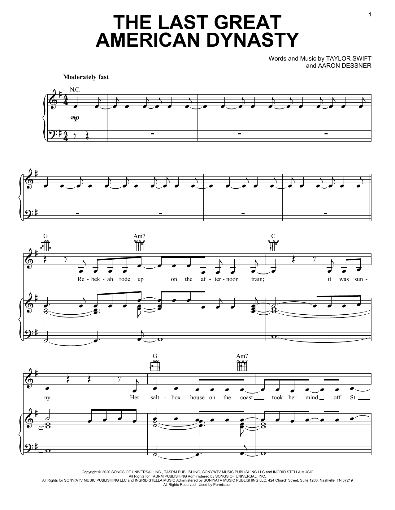 Taylor Swift the last great american dynasty Sheet Music Notes & Chords for Easy Piano - Download or Print PDF