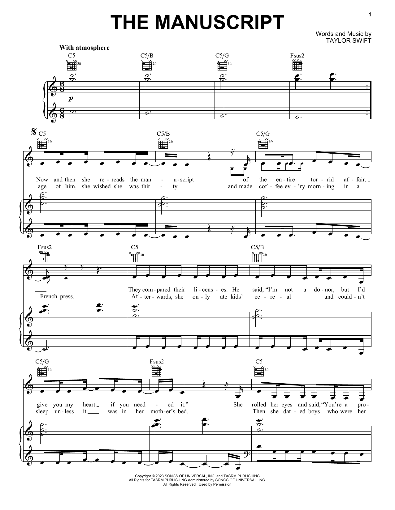 Taylor Swift The Manuscript Sheet Music Notes & Chords for Guitar Chords/Lyrics - Download or Print PDF