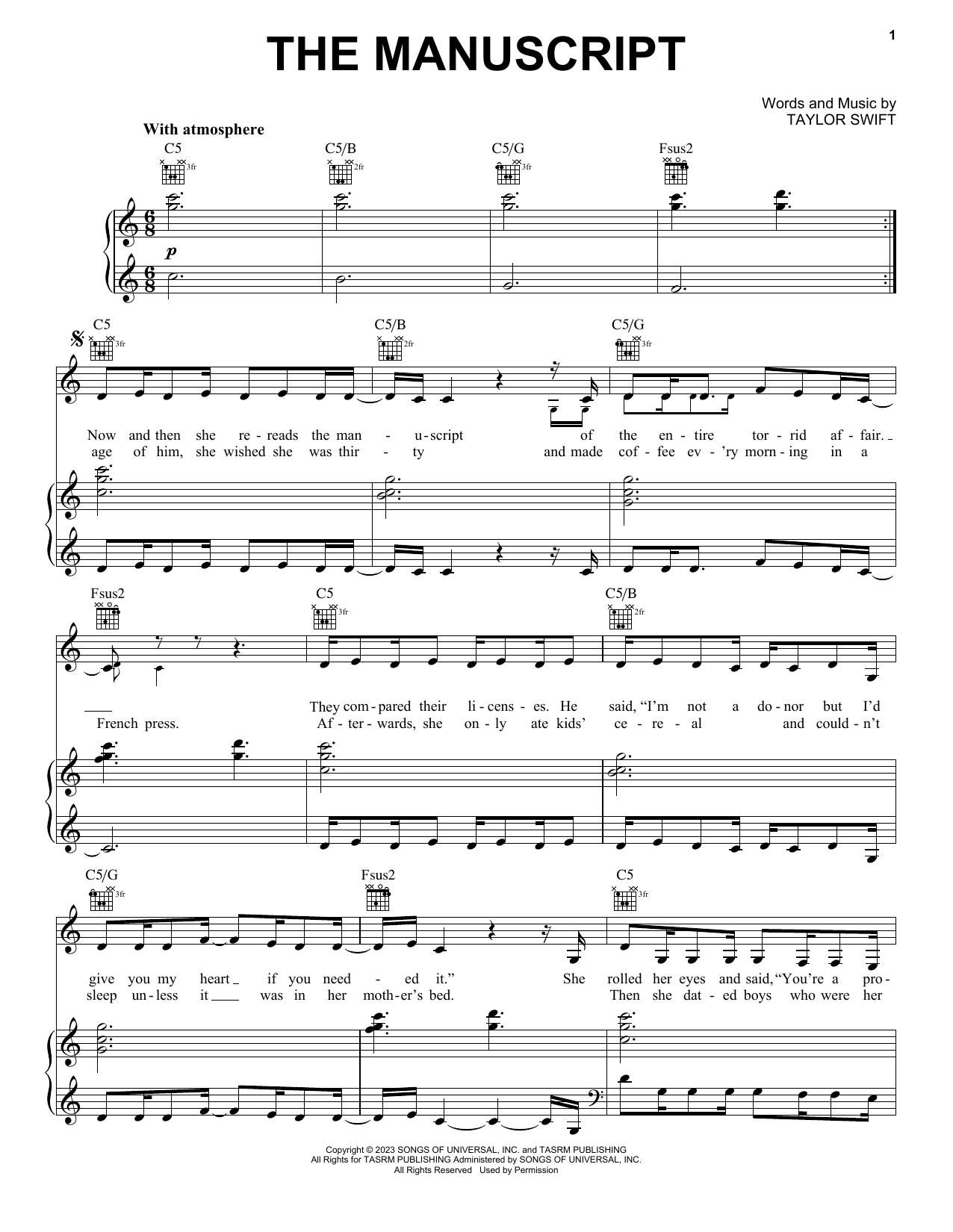 Taylor Swift The Manuscript Sheet Music Notes & Chords for Piano, Vocal & Guitar Chords (Right-Hand Melody) - Download or Print PDF
