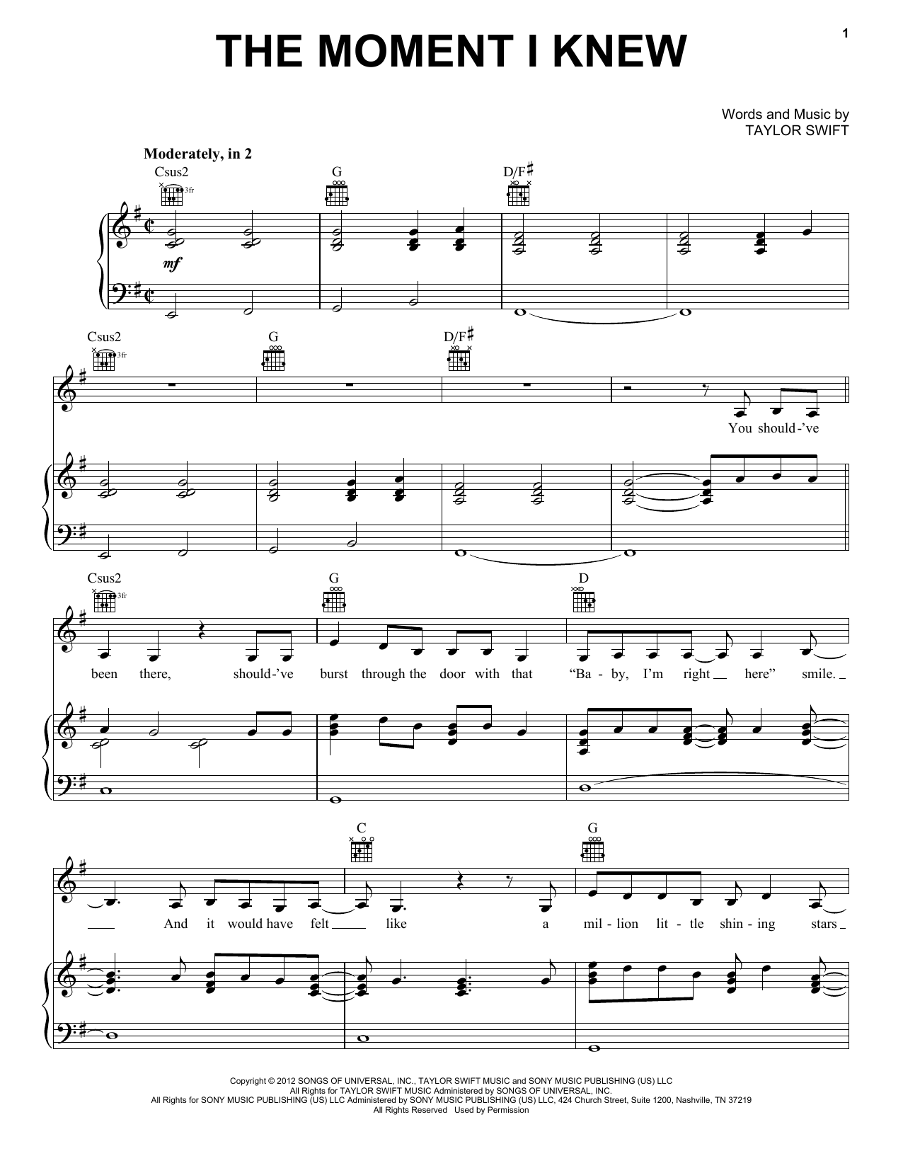 Taylor Swift The Moment I Knew (Taylor's Version) Sheet Music Notes & Chords for Piano, Vocal & Guitar Chords (Right-Hand Melody) - Download or Print PDF