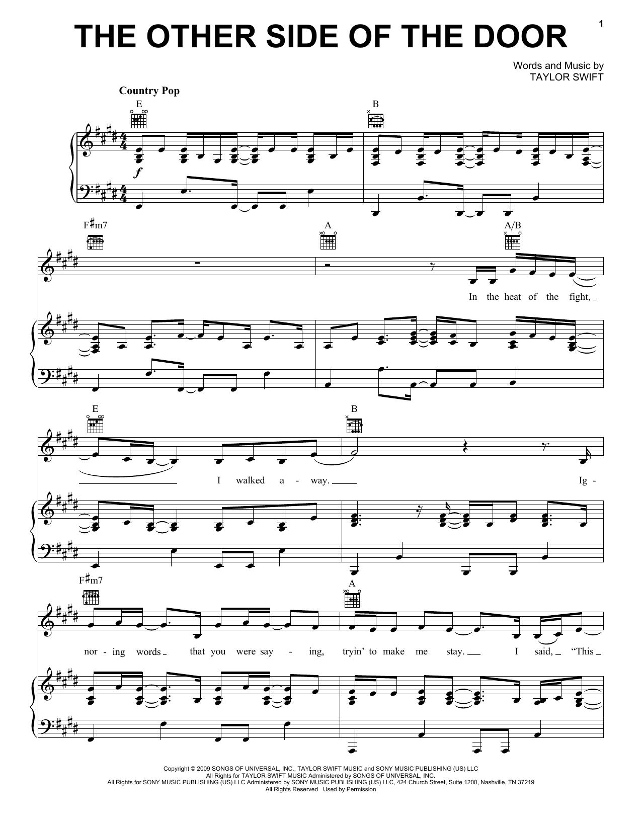 Taylor Swift The Other Side Of The Door (Taylor's Version) Sheet Music Notes & Chords for Piano, Vocal & Guitar Chords (Right-Hand Melody) - Download or Print PDF