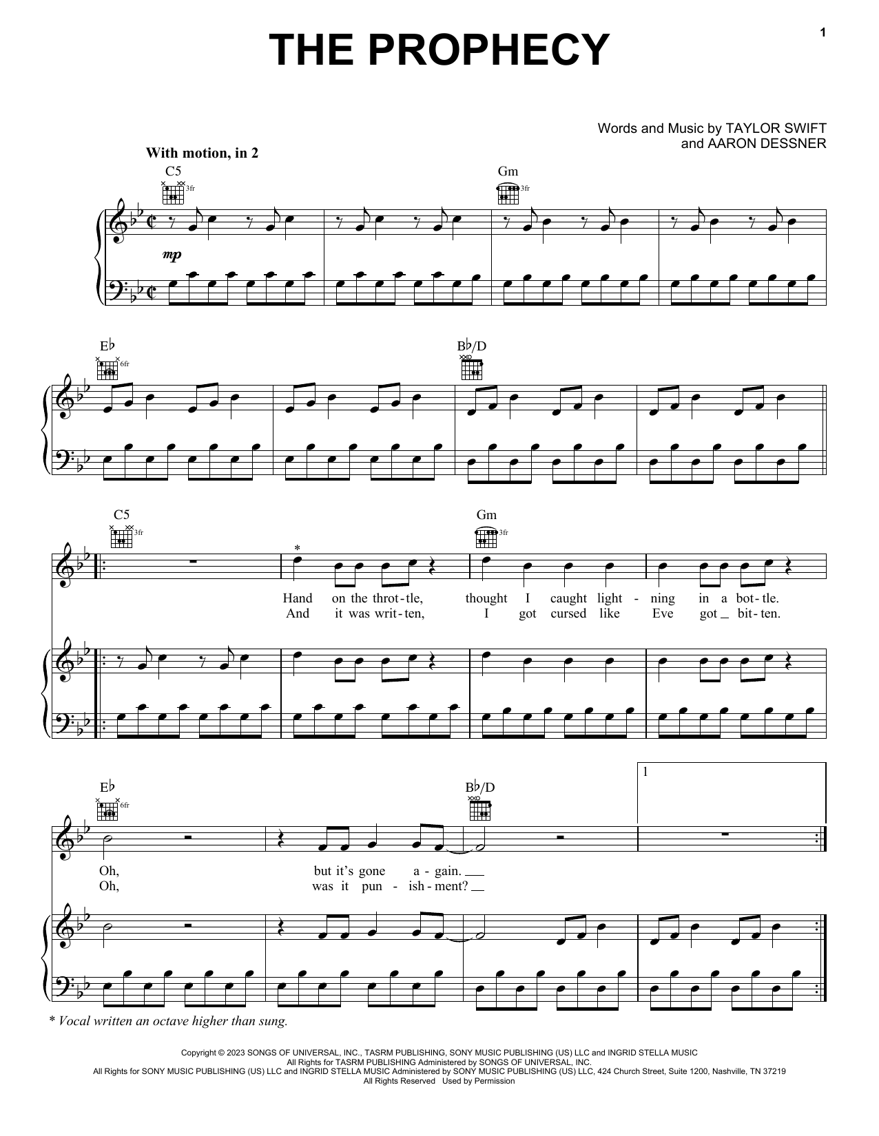 Taylor Swift The Prophecy Sheet Music Notes & Chords for Piano, Vocal & Guitar Chords (Right-Hand Melody) - Download or Print PDF