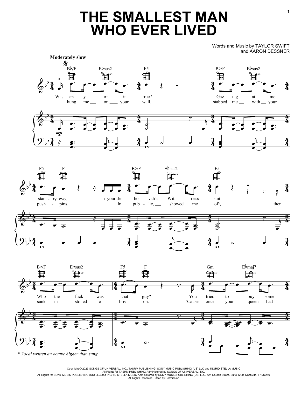 Taylor Swift The Smallest Man Who Ever Lived Sheet Music Notes & Chords for Piano, Vocal & Guitar Chords (Right-Hand Melody) - Download or Print PDF