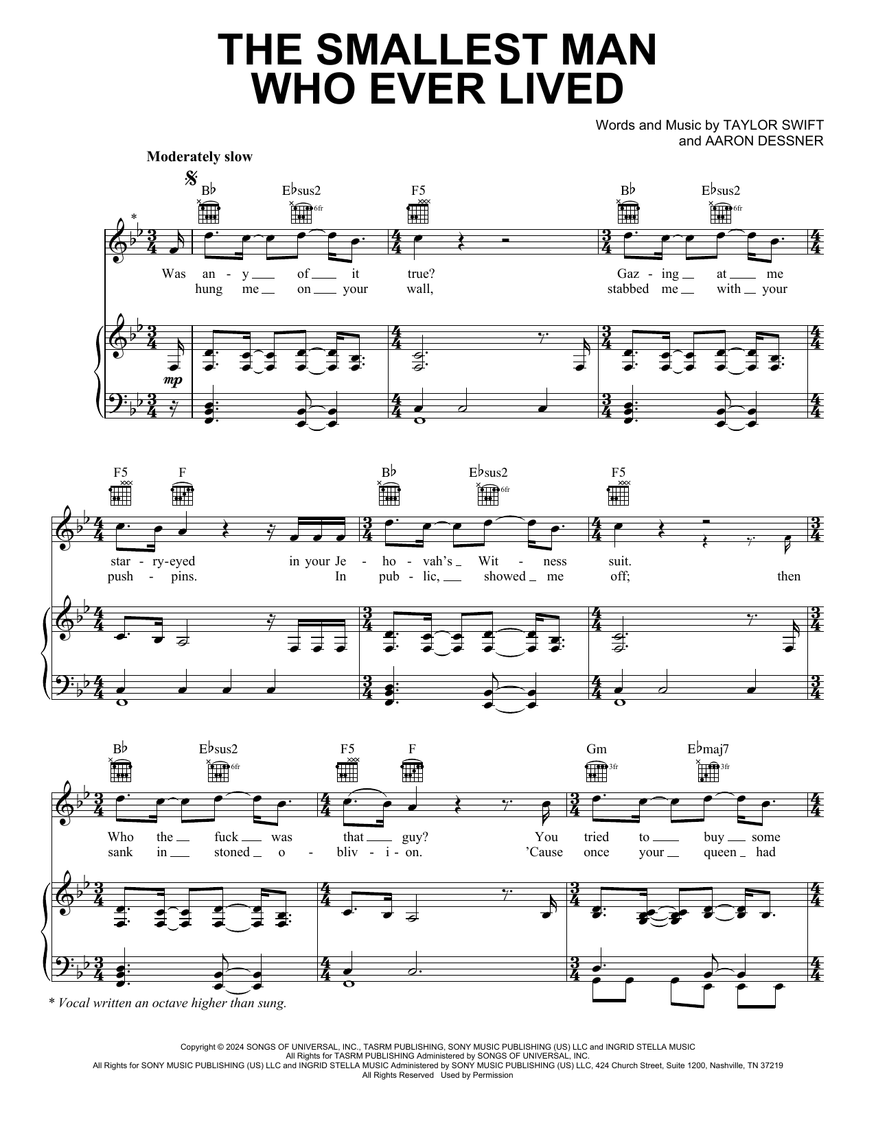 Taylor Swift The Smallest Man Who Ever Lived Sheet Music Notes & Chords for Piano, Vocal & Guitar Chords (Right-Hand Melody) - Download or Print PDF