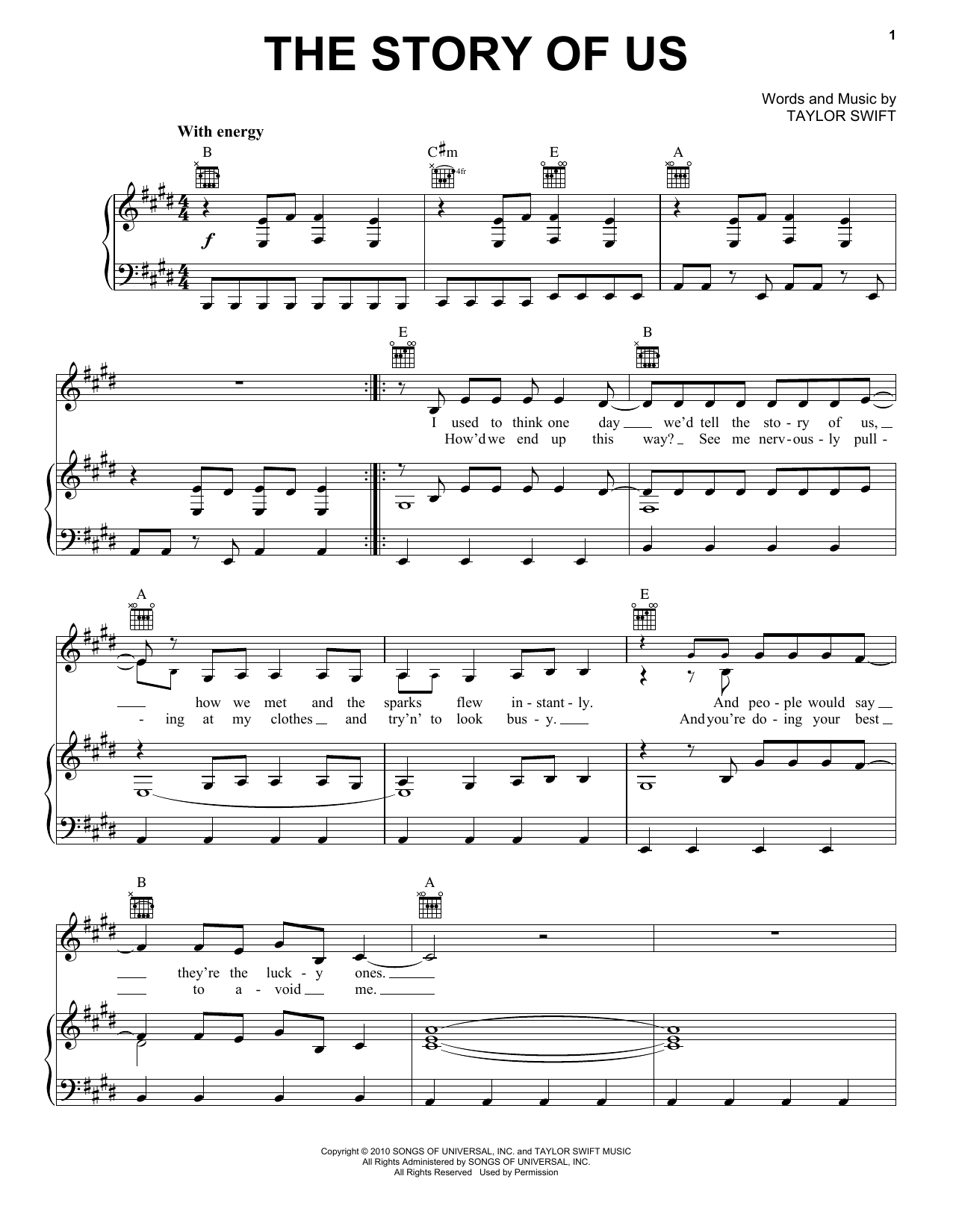 Taylor Swift The Story Of Us Sheet Music Notes & Chords for Piano, Vocal & Guitar (Right-Hand Melody) - Download or Print PDF