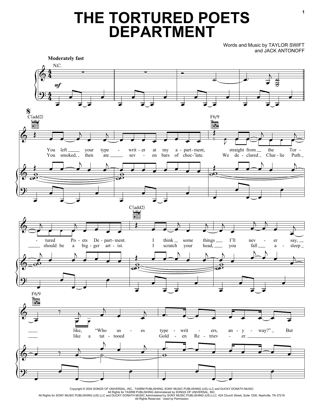 Taylor Swift The Tortured Poets Department Sheet Music Notes & Chords for Piano, Vocal & Guitar Chords (Right-Hand Melody) - Download or Print PDF