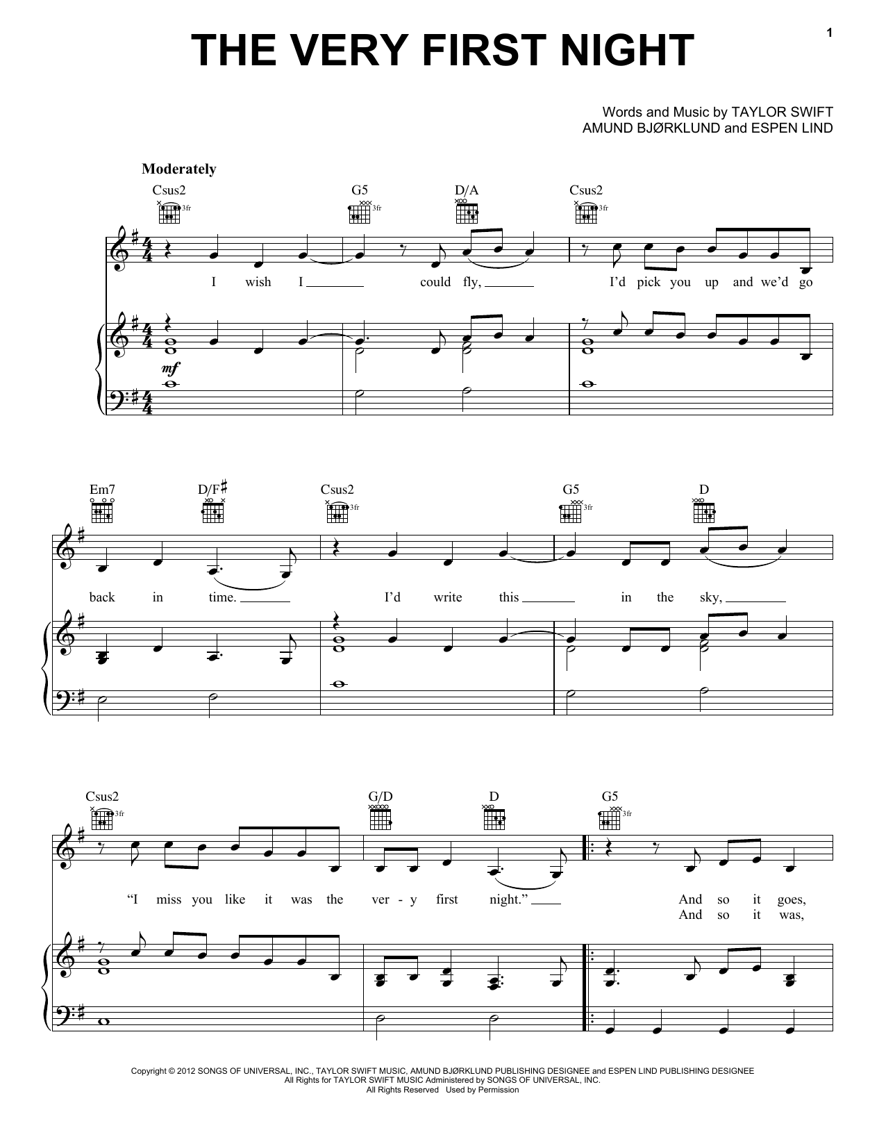 Taylor Swift The Very First Night (Taylor's Version) (From The Vault) Sheet Music Notes & Chords for Piano, Vocal & Guitar Chords (Right-Hand Melody) - Download or Print PDF