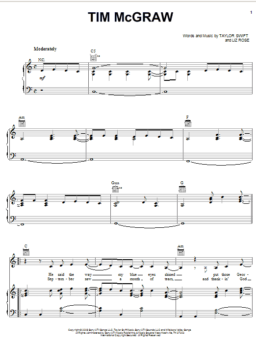 Taylor Swift Tim McGraw Sheet Music Notes & Chords for Easy Guitar Tab - Download or Print PDF