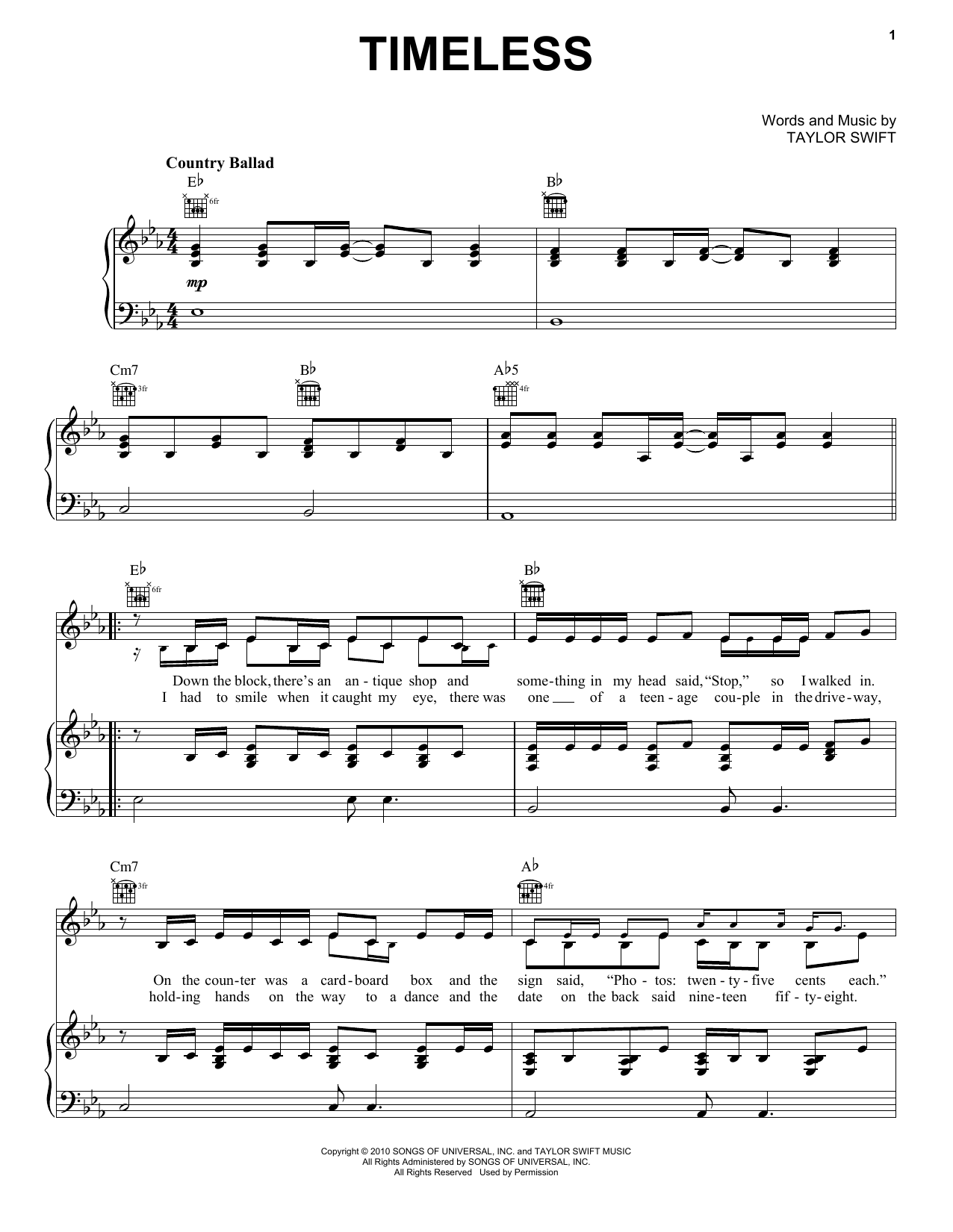 Taylor Swift Timeless (Taylor's Version) (From The Vault) Sheet Music Notes & Chords for Piano, Vocal & Guitar Chords (Right-Hand Melody) - Download or Print PDF