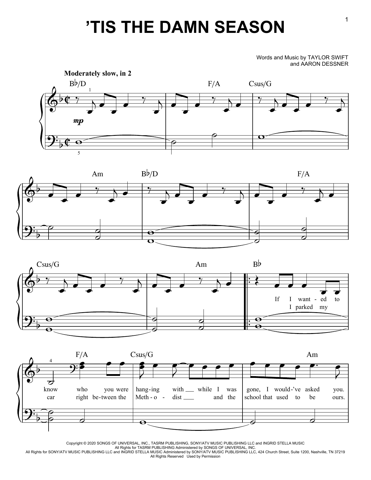 Taylor Swift 'tis the damn season Sheet Music Notes & Chords for Easy Piano - Download or Print PDF