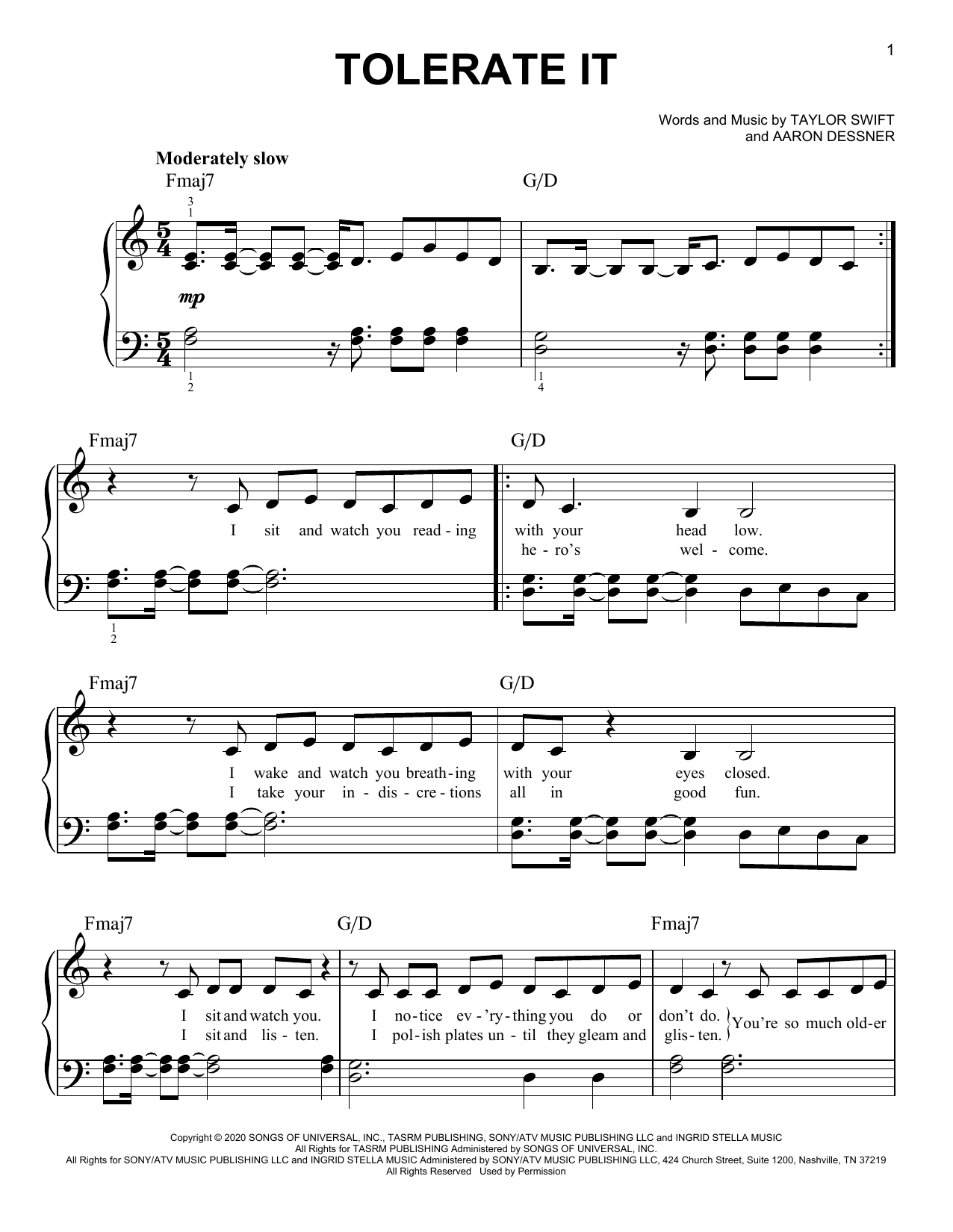 Taylor Swift tolerate it Sheet Music Notes & Chords for Easy Piano - Download or Print PDF