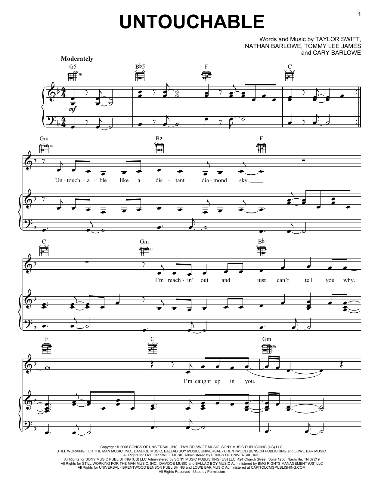 Taylor Swift Untouchable (Taylor's Version) Sheet Music Notes & Chords for Piano, Vocal & Guitar Chords (Right-Hand Melody) - Download or Print PDF