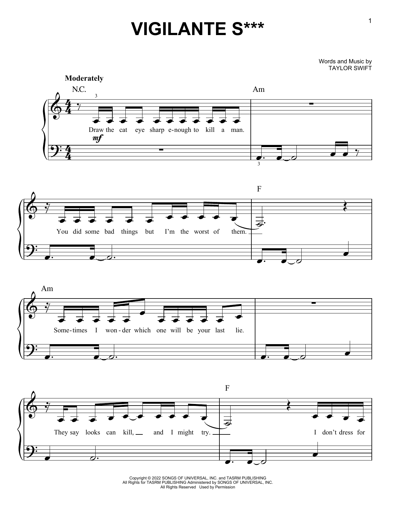 Taylor Swift Vigilante S*** Sheet Music Notes & Chords for Easy Piano - Download or Print PDF