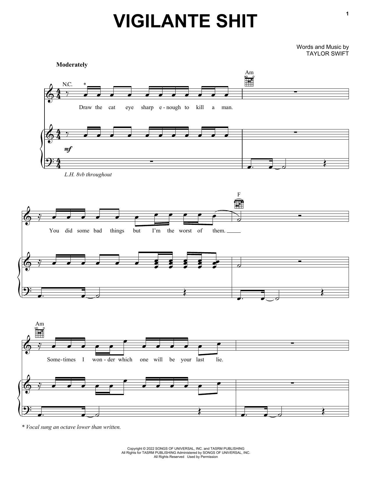 Taylor Swift Vigilante Shit Sheet Music Notes & Chords for Piano, Vocal & Guitar Chords (Right-Hand Melody) - Download or Print PDF