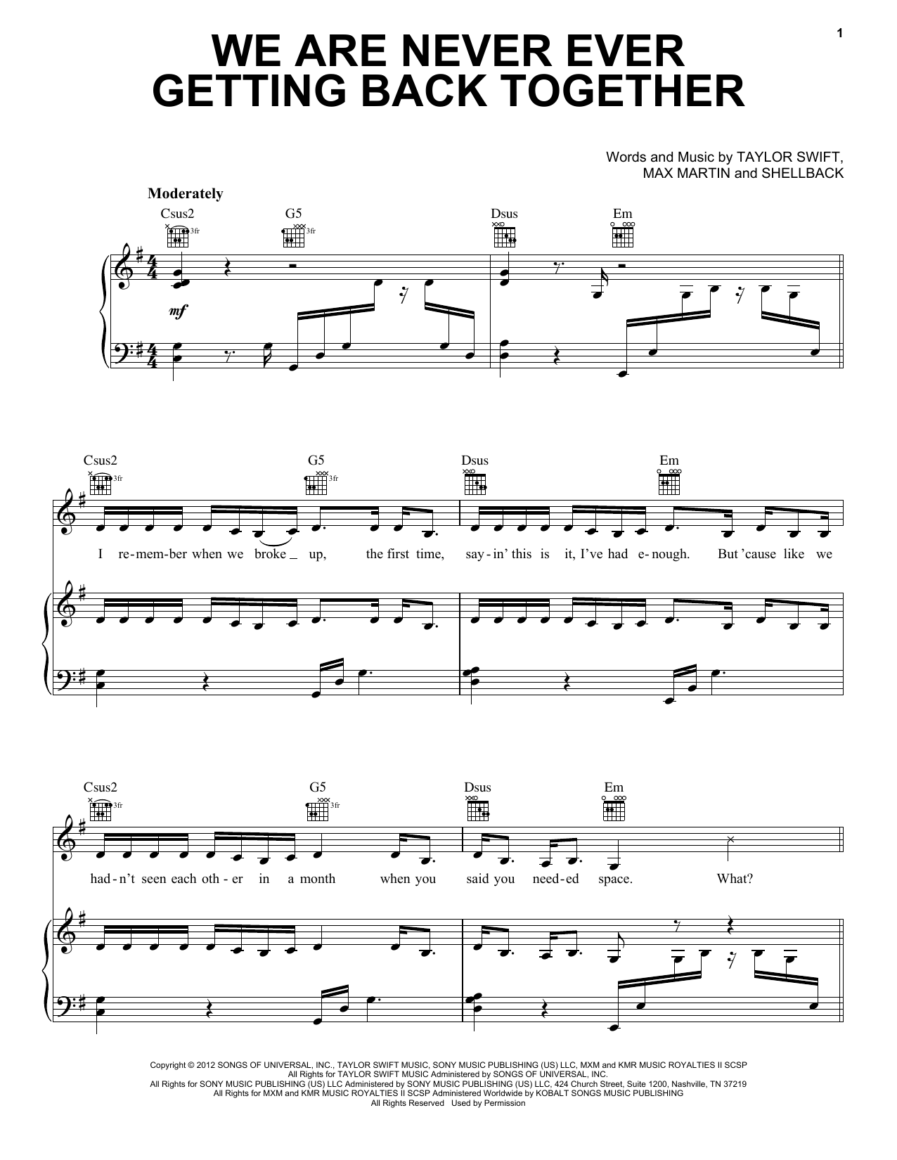 Taylor Swift We Are Never Ever Getting Back Together Sheet Music Notes & Chords for Piano (Big Notes) - Download or Print PDF