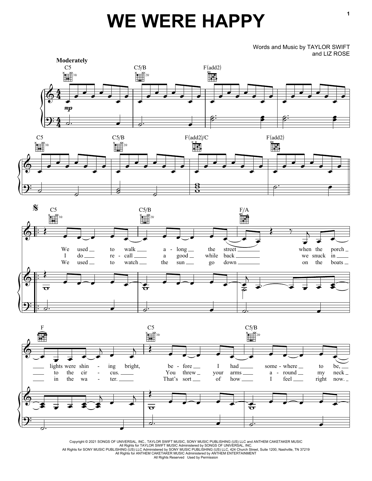 Taylor Swift We Were Happy (Taylor's Version) (From The Vault) Sheet Music Notes & Chords for Piano, Vocal & Guitar Chords (Right-Hand Melody) - Download or Print PDF