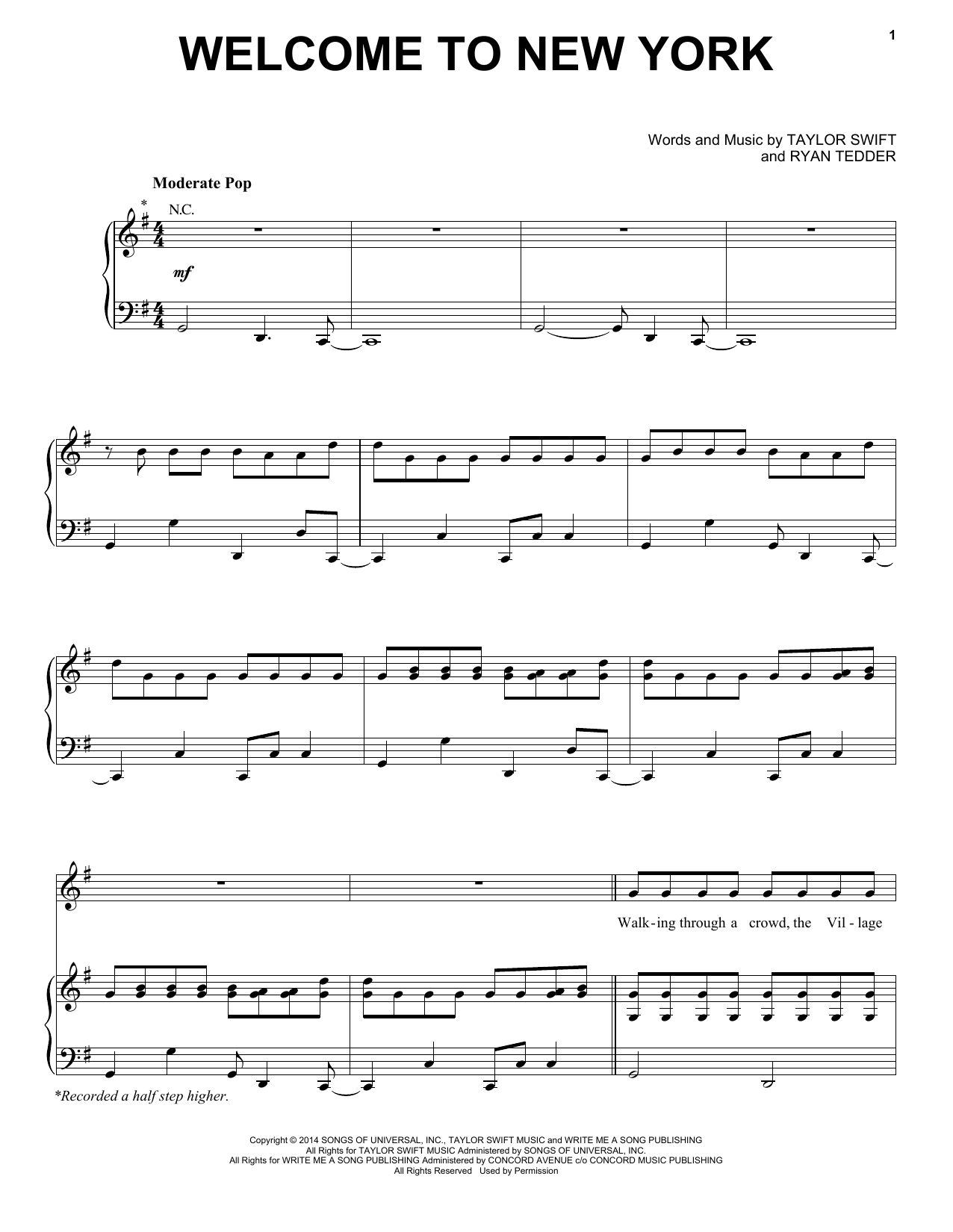 Taylor Swift Welcome To New York Sheet Music Notes & Chords for Piano, Vocal & Guitar (Right-Hand Melody) - Download or Print PDF