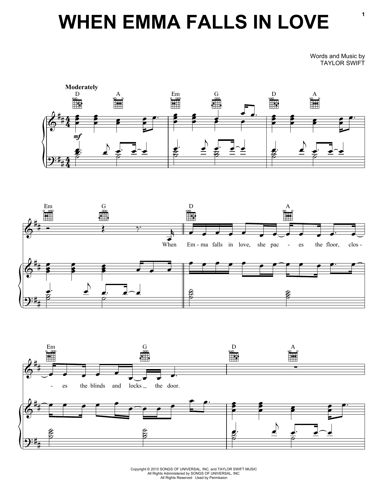 Taylor Swift When Emma Falls In Love (Taylor's Version) (From The Vault) Sheet Music Notes & Chords for Piano, Vocal & Guitar Chords (Right-Hand Melody) - Download or Print PDF