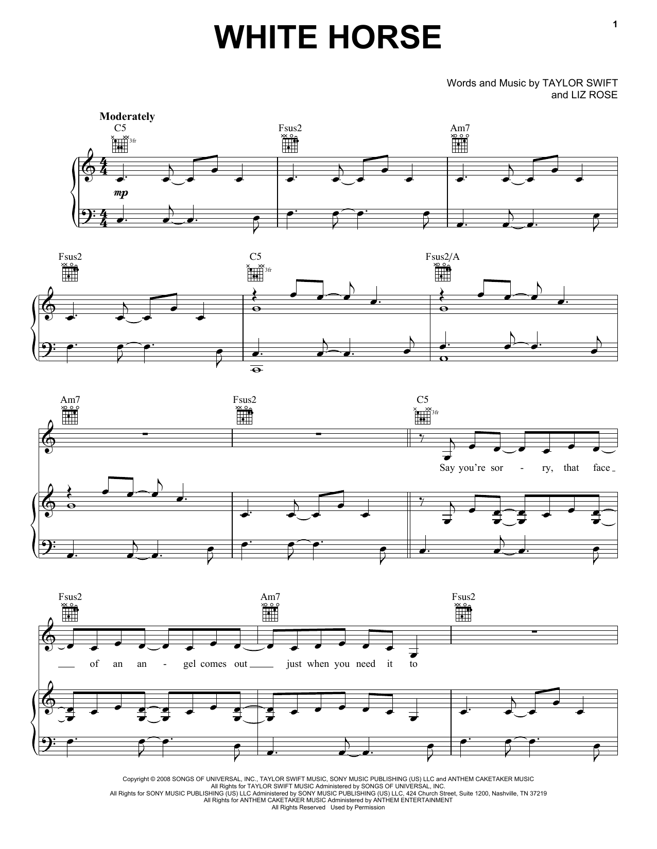 Taylor Swift White Horse Sheet Music Notes & Chords for Easy Piano - Download or Print PDF
