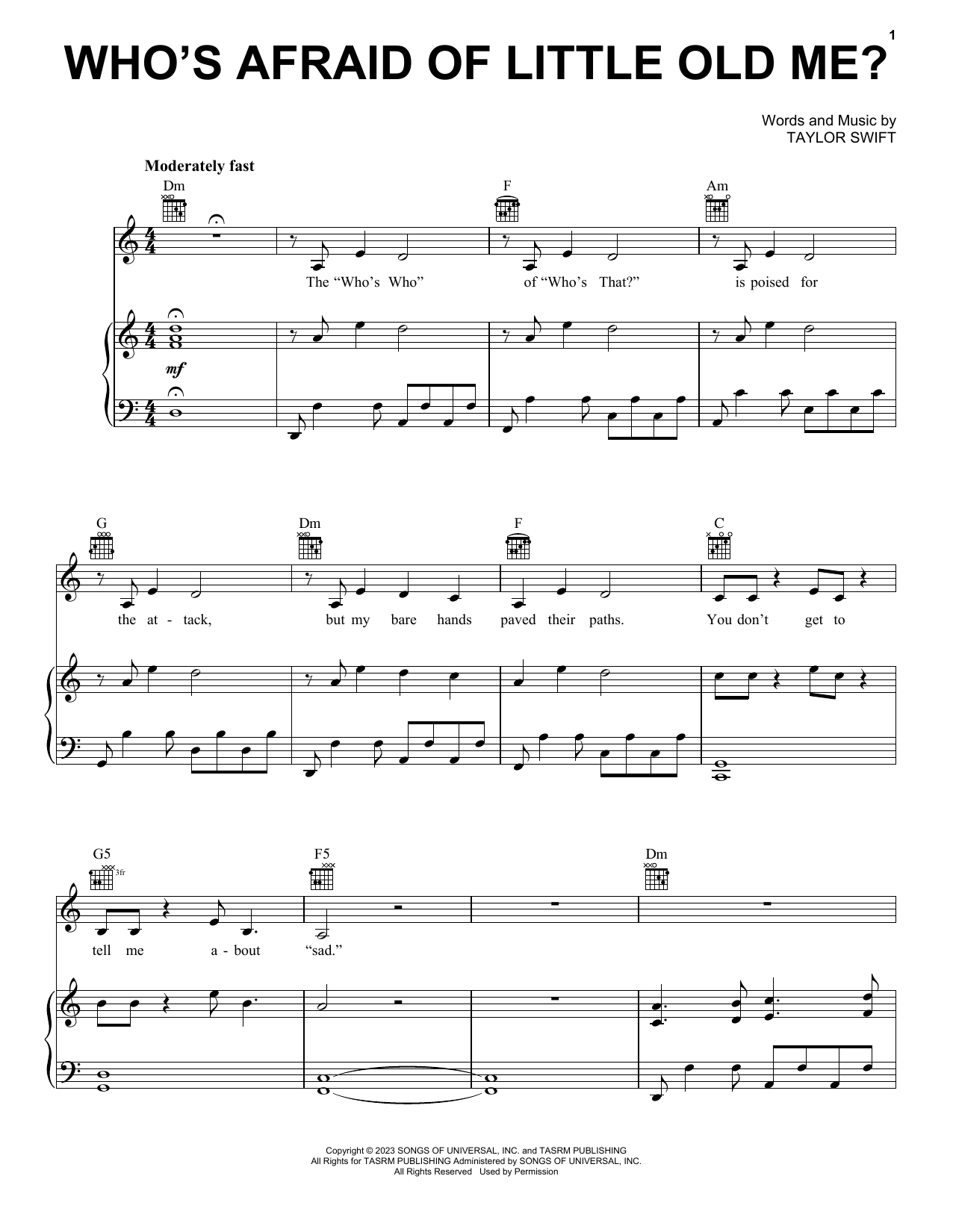 Taylor Swift Who's Afraid of Little Old Me? Sheet Music Notes & Chords for Piano, Vocal & Guitar Chords (Right-Hand Melody) - Download or Print PDF