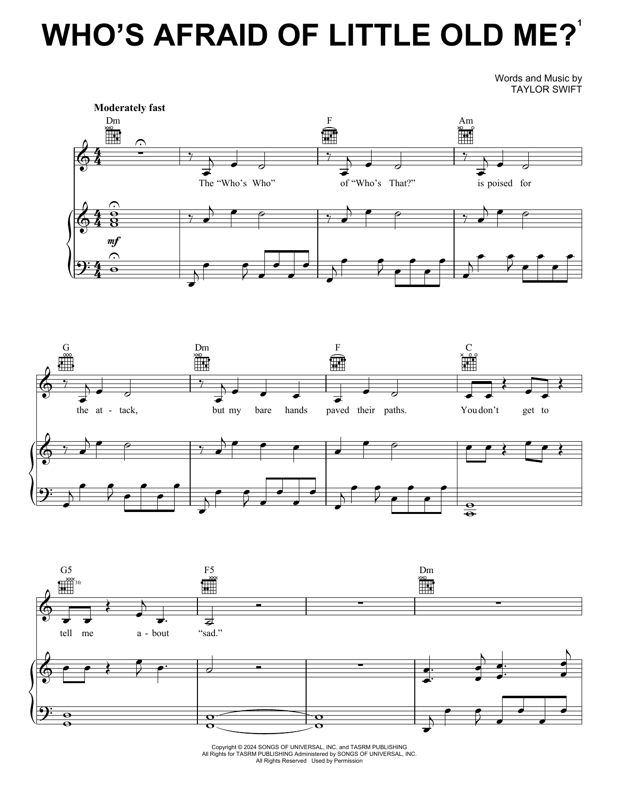 Taylor Swift Who's Afraid of Little Old Me? Sheet Music Notes & Chords for Piano, Vocal & Guitar Chords (Right-Hand Melody) - Download or Print PDF