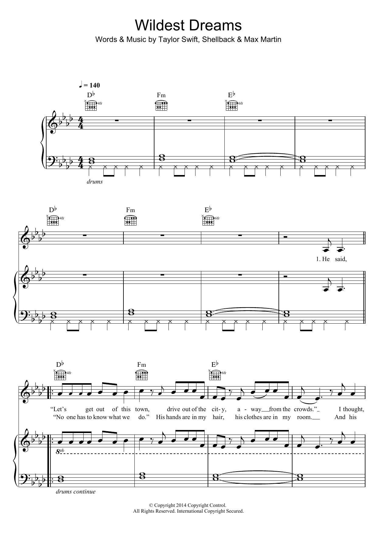 Taylor Swift Wildest Dreams Sheet Music Notes & Chords for Really Easy Guitar - Download or Print PDF