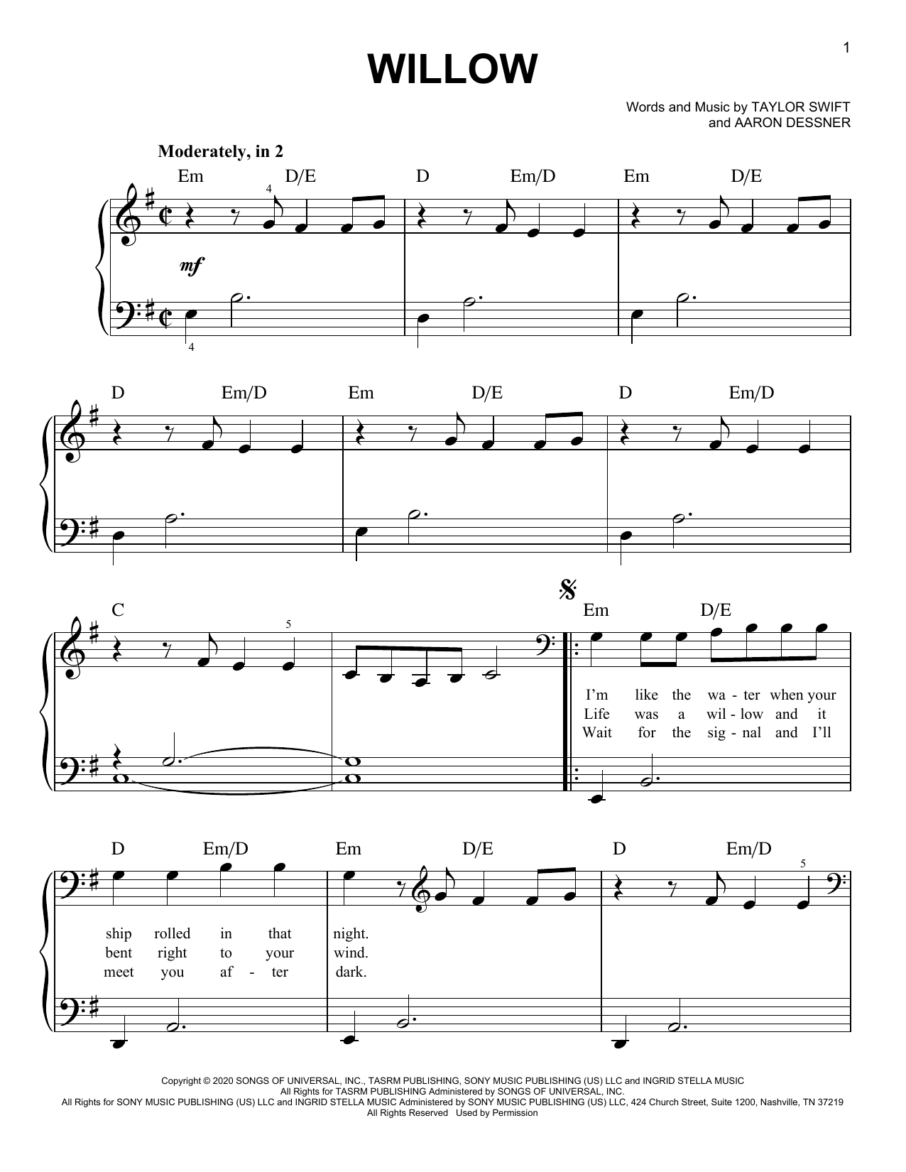 Taylor Swift willow Sheet Music Notes & Chords for Guitar Chords/Lyrics - Download or Print PDF