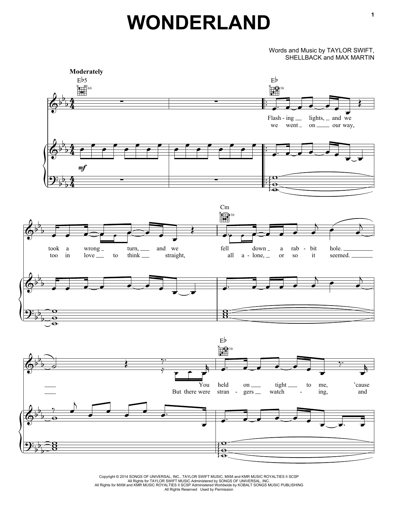 Taylor Swift Wonderland Sheet Music Notes & Chords for Piano, Vocal & Guitar (Right-Hand Melody) - Download or Print PDF