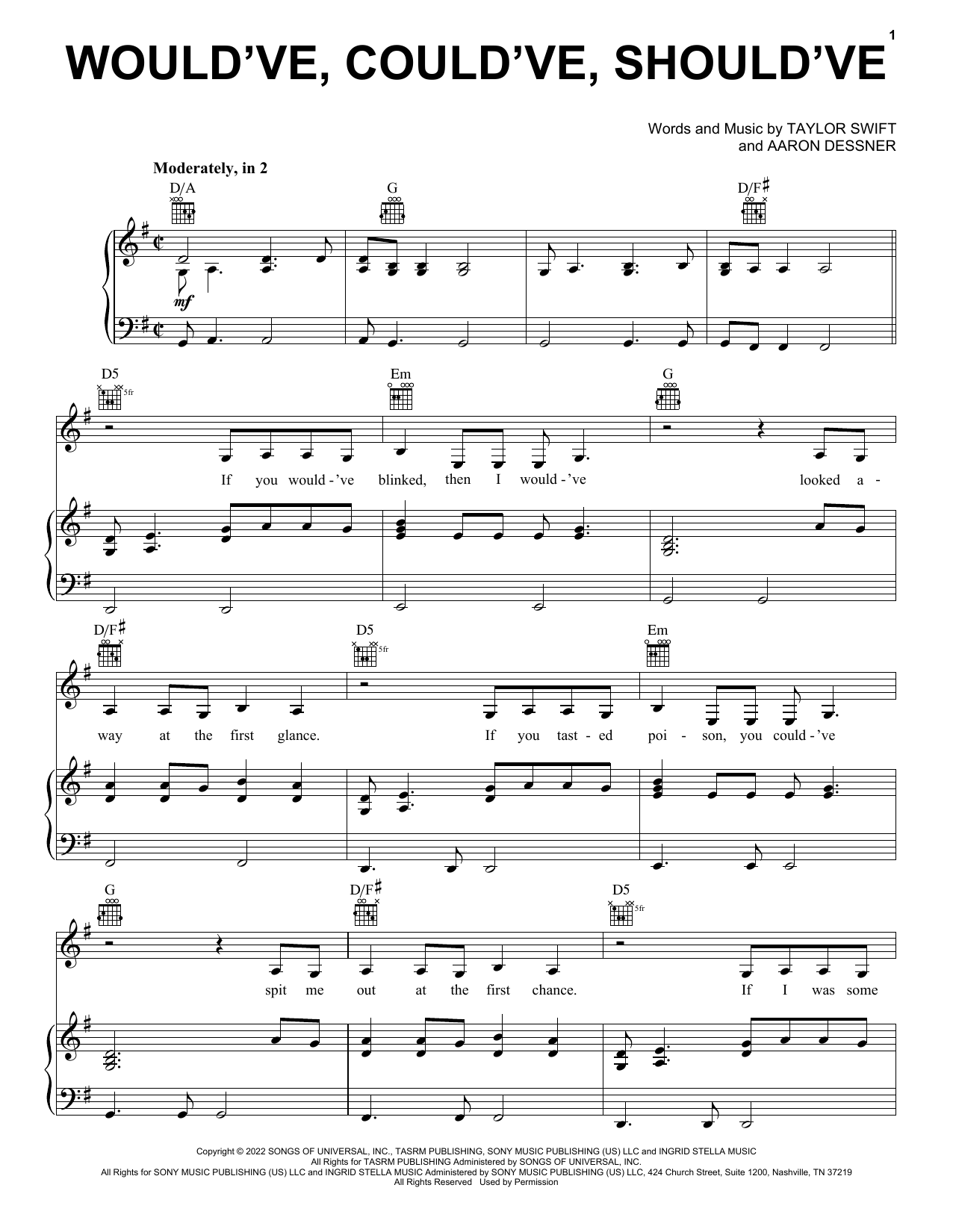 Taylor Swift Would've, Could've, Should've Sheet Music Notes & Chords for Piano, Vocal & Guitar Chords (Right-Hand Melody) - Download or Print PDF