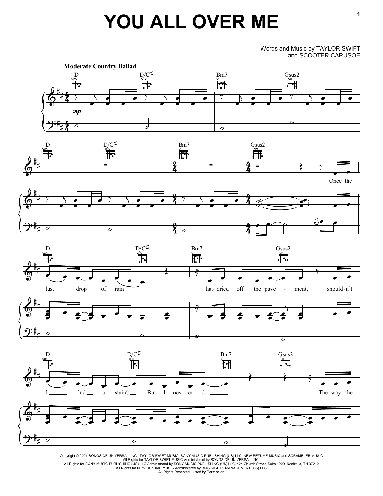Taylor Swift You All Over Me (feat. Maren Morris) (Taylor's Version) (From The Vault) Sheet Music Notes & Chords for Piano, Vocal & Guitar Chords (Right-Hand Melody) - Download or Print PDF