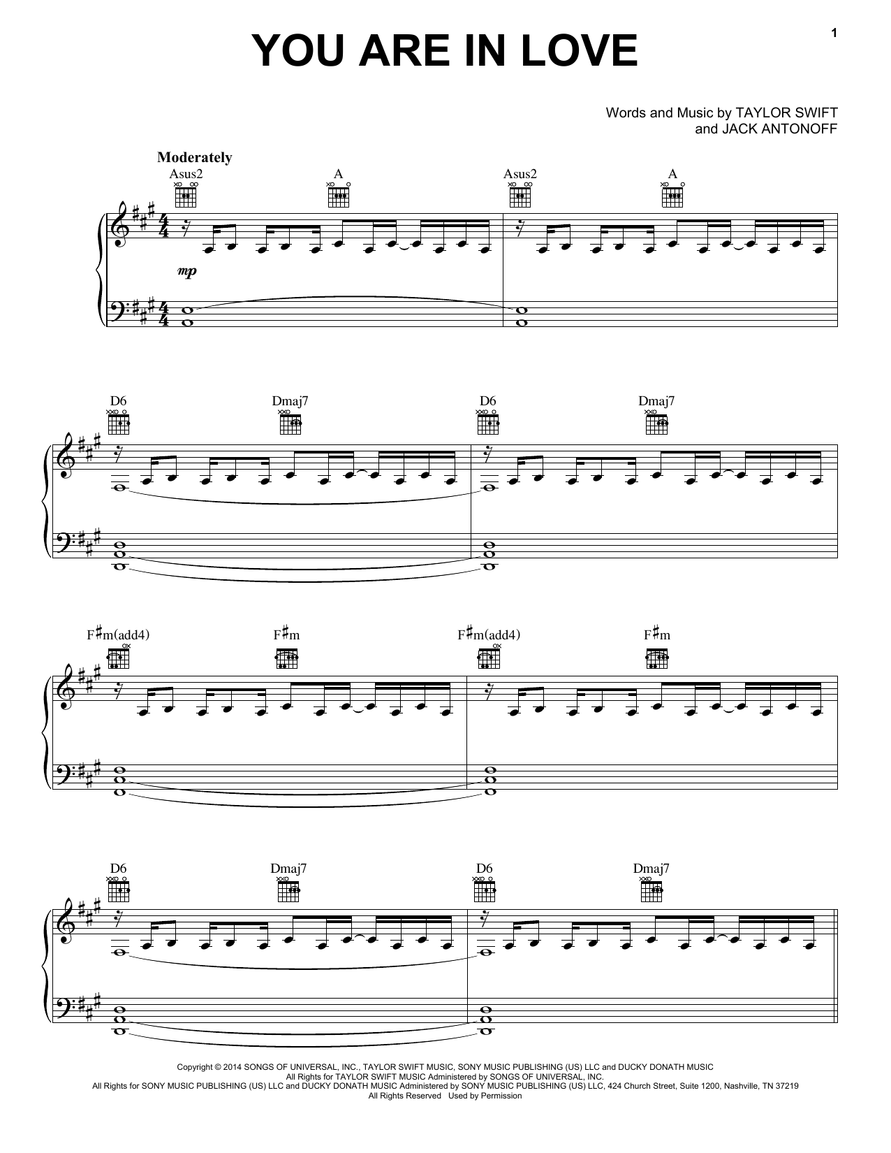 Taylor Swift You Are In Love Sheet Music Notes & Chords for Piano, Vocal & Guitar (Right-Hand Melody) - Download or Print PDF