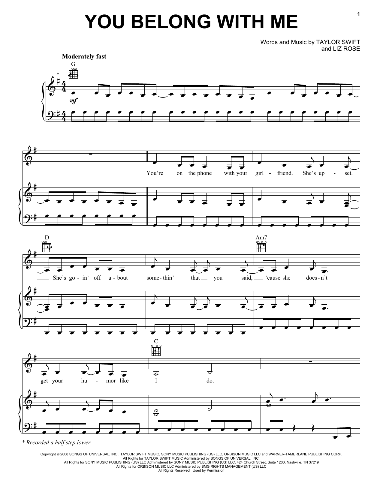 Taylor Swift You Belong With Me Sheet Music Notes & Chords for Piano - Download or Print PDF