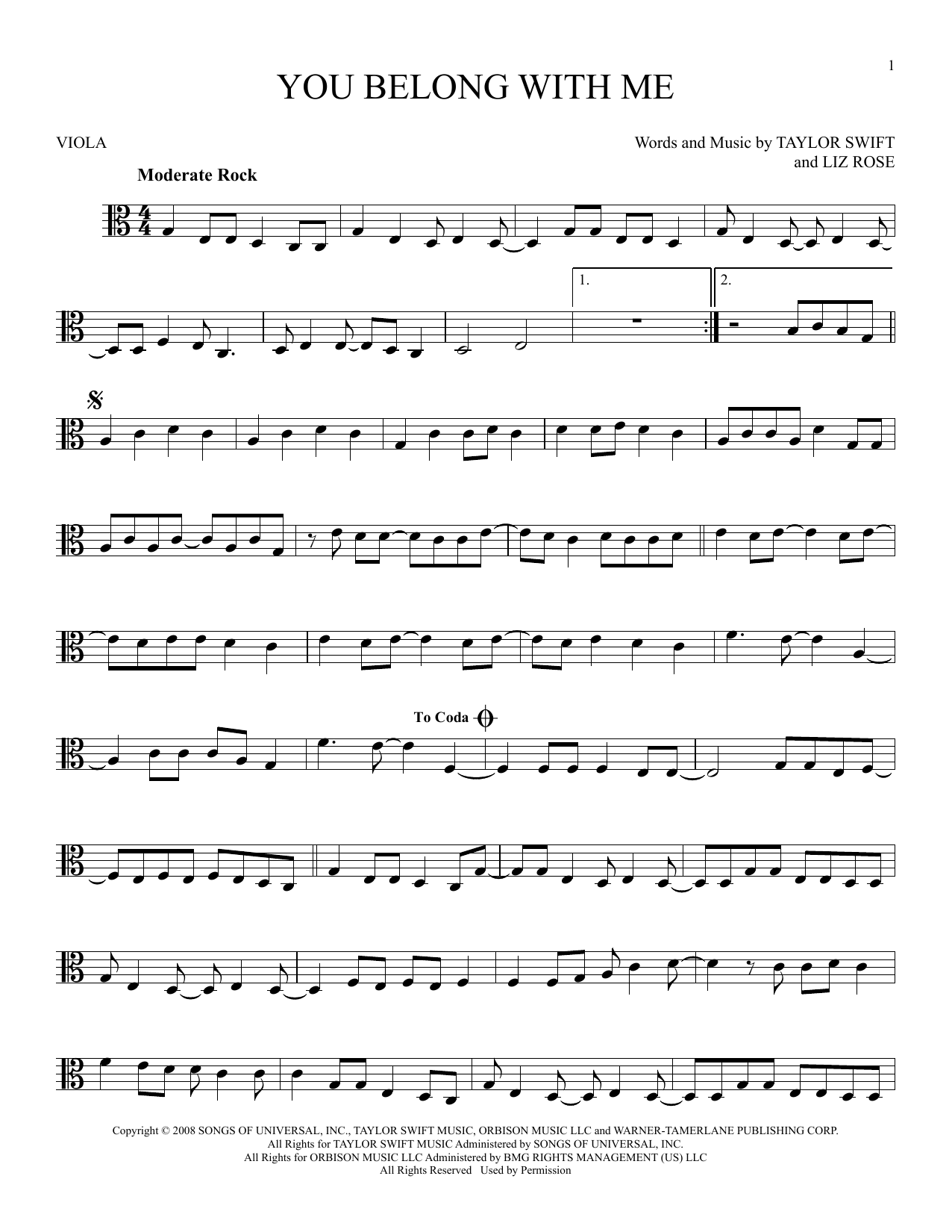 Taylor Swift You Belong With Me (Taylor's Version) Sheet Music Notes & Chords for Tenor Sax Solo - Download or Print PDF