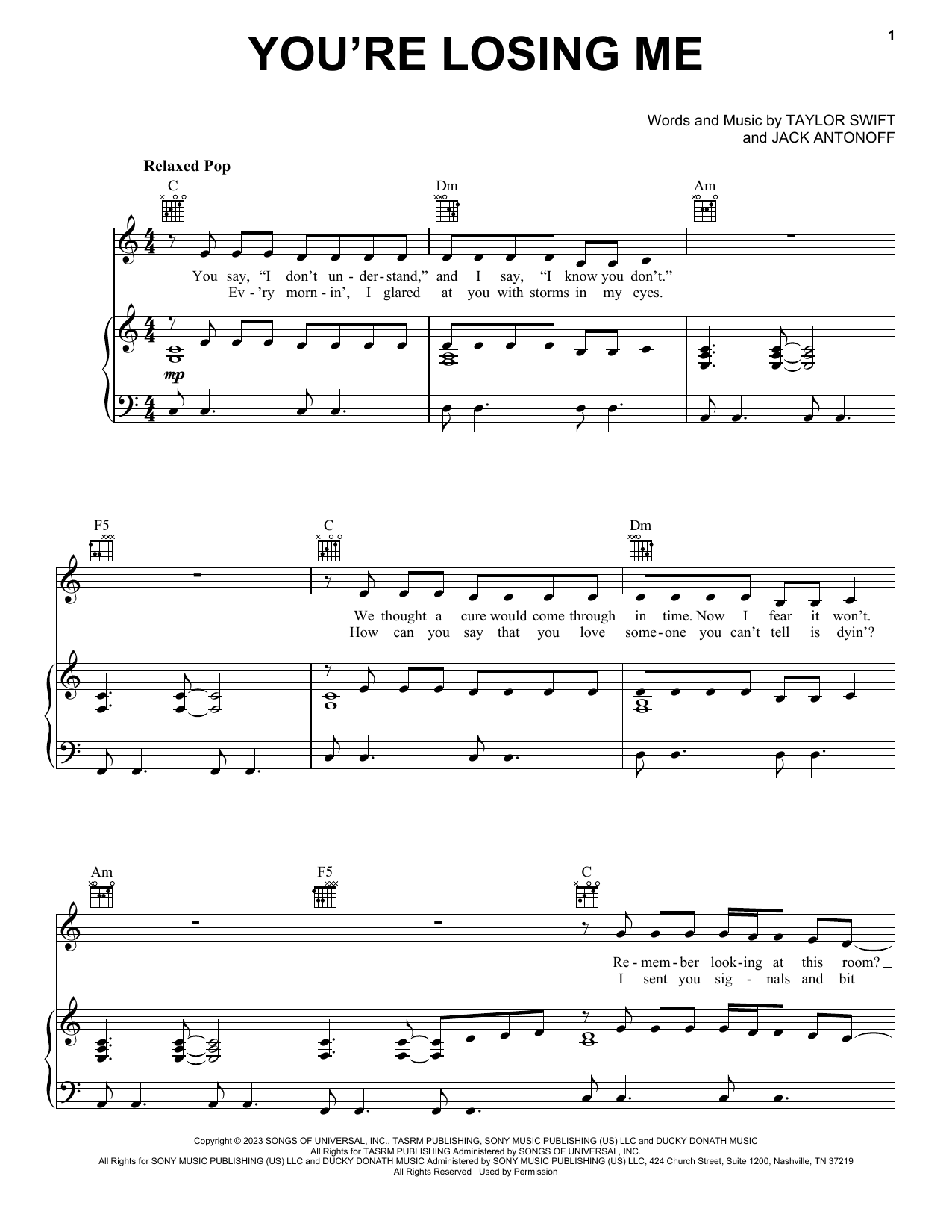Taylor Swift You're Losing Me Sheet Music Notes & Chords for Piano, Vocal & Guitar Chords (Right-Hand Melody) - Download or Print PDF