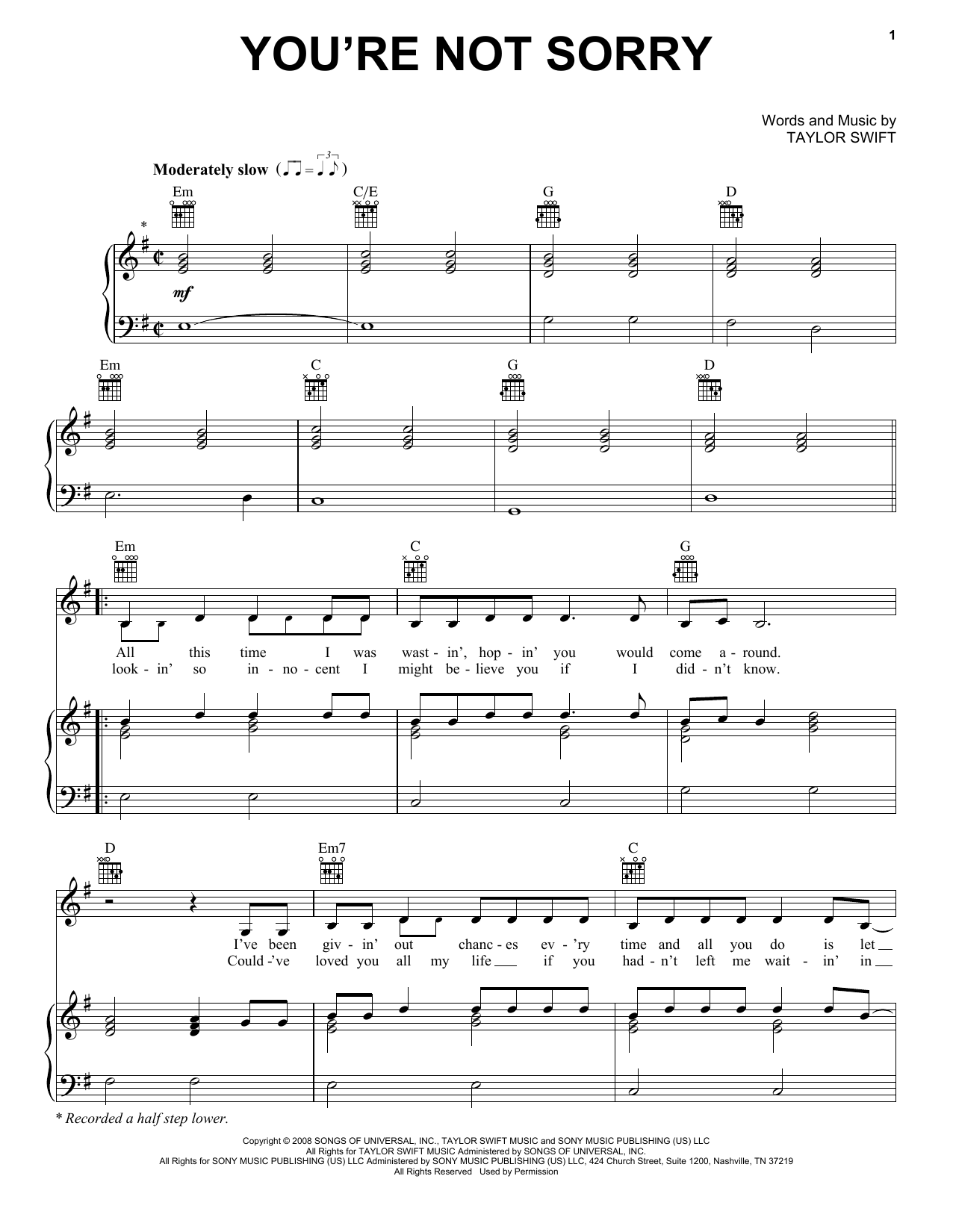 Taylor Swift You're Not Sorry Sheet Music Notes & Chords for Easy Guitar Tab - Download or Print PDF