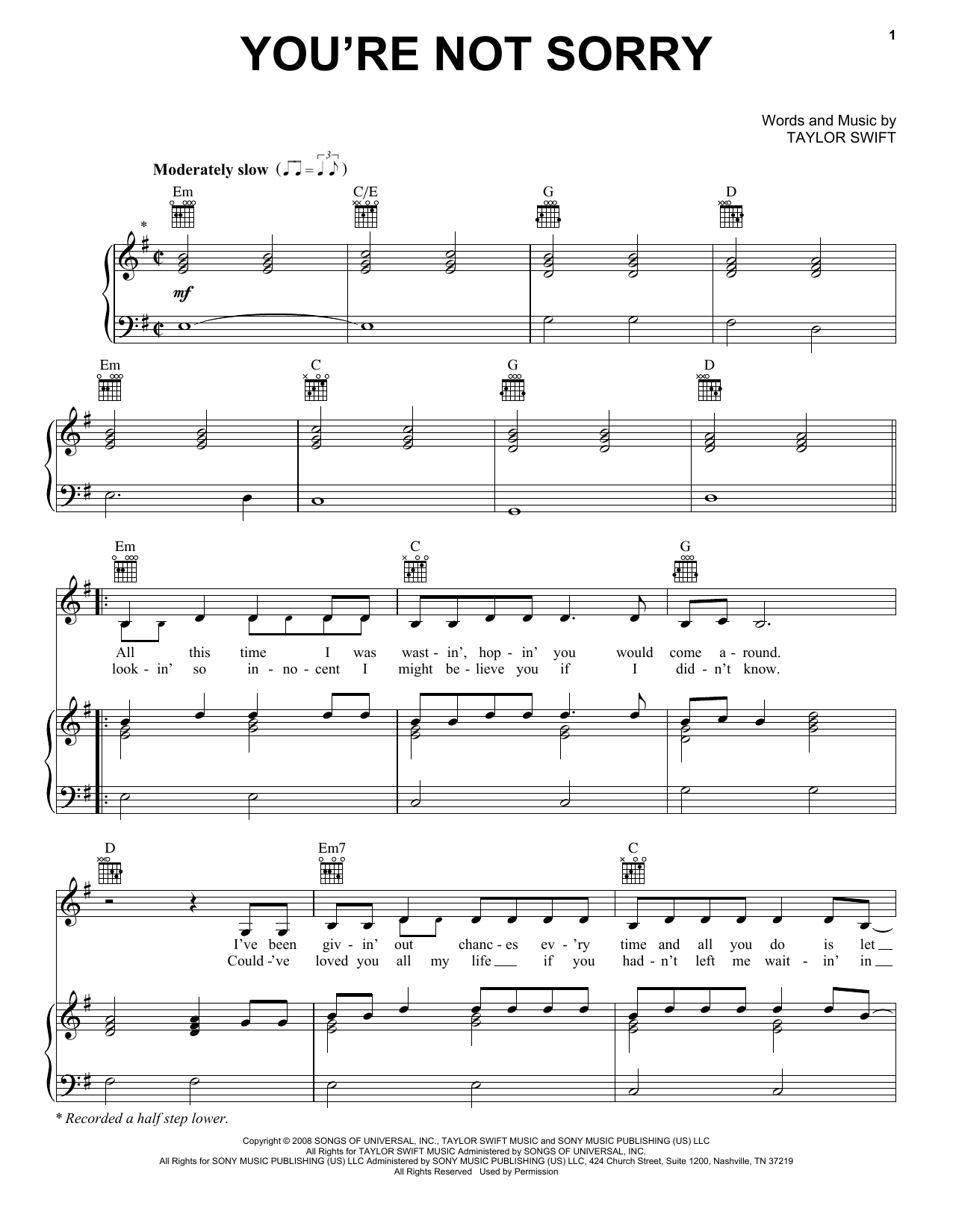 Taylor Swift You're Not Sorry Sheet Music Notes & Chords for Guitar Tab - Download or Print PDF