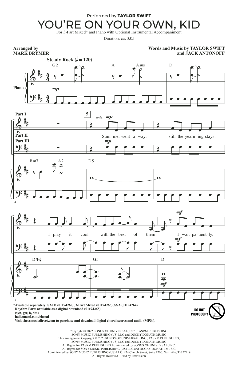 Taylor Swift You're On Your Own, Kid (arr. Mark Brymer) Sheet Music Notes & Chords for 3-Part Mixed Choir - Download or Print PDF