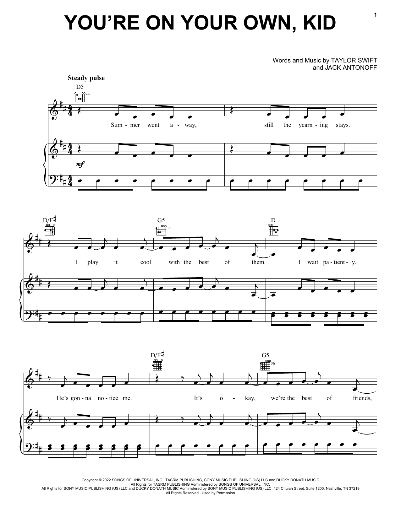 Taylor Swift You're On Your Own, Kid Sheet Music Notes & Chords for Piano, Vocal & Guitar Chords (Right-Hand Melody) - Download or Print PDF