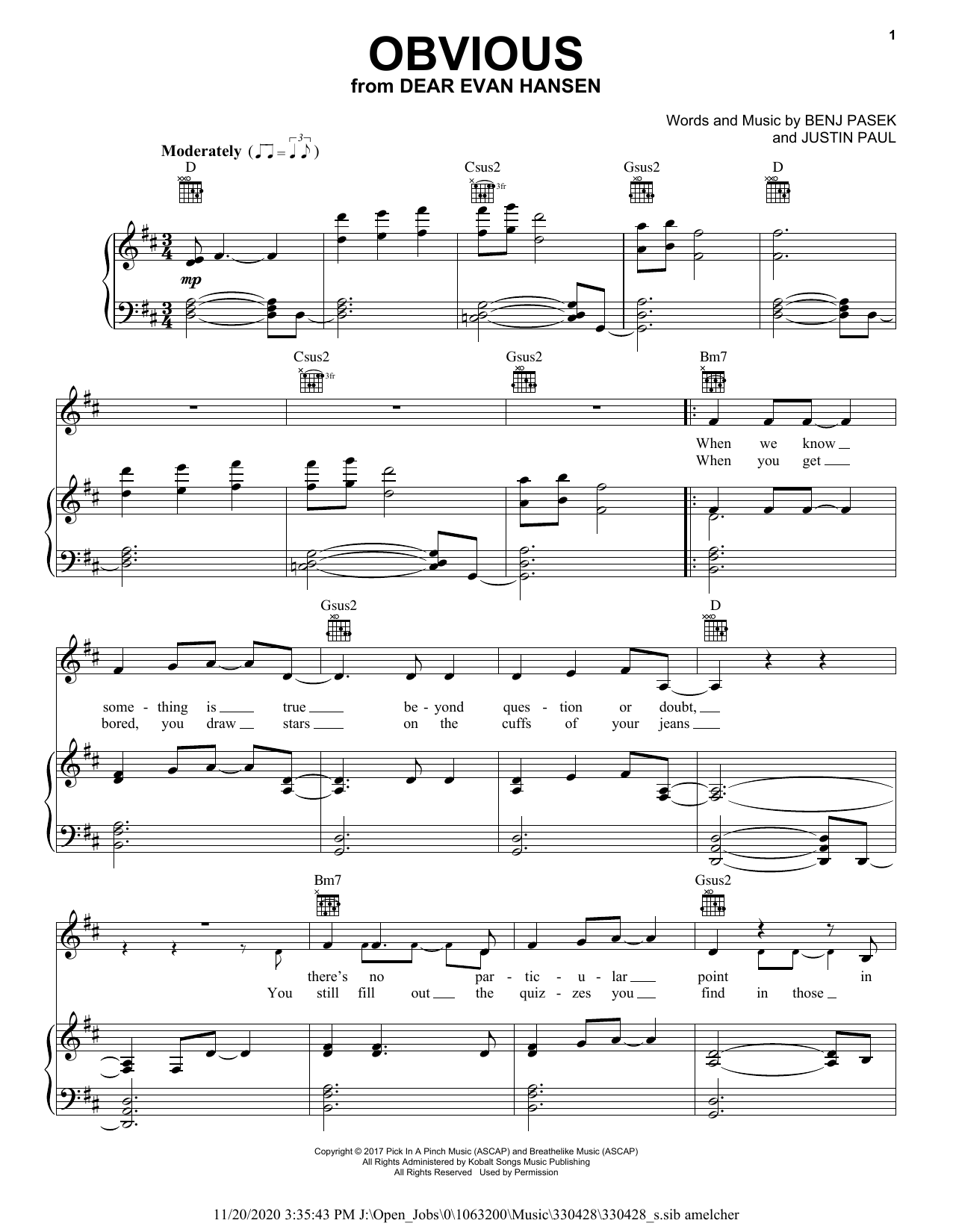 Taylor Trensch Obvious (from Dear Evan Hansen) Sheet Music Notes & Chords for Piano, Vocal & Guitar (Right-Hand Melody) - Download or Print PDF