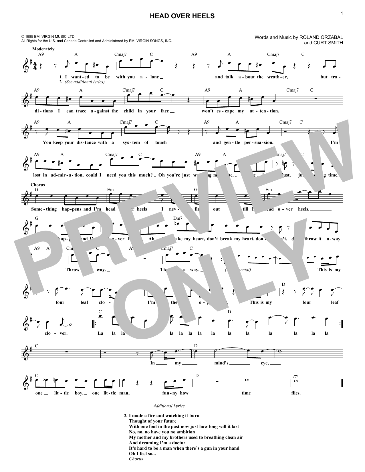 Tears for Fears Head Over Heels Sheet Music Notes & Chords for Melody Line, Lyrics & Chords - Download or Print PDF