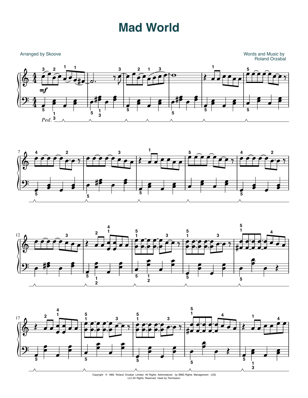 Tears For Fears Mad World (arr. Skoove) Sheet Music Notes & Chords for Easy Piano - Download or Print PDF