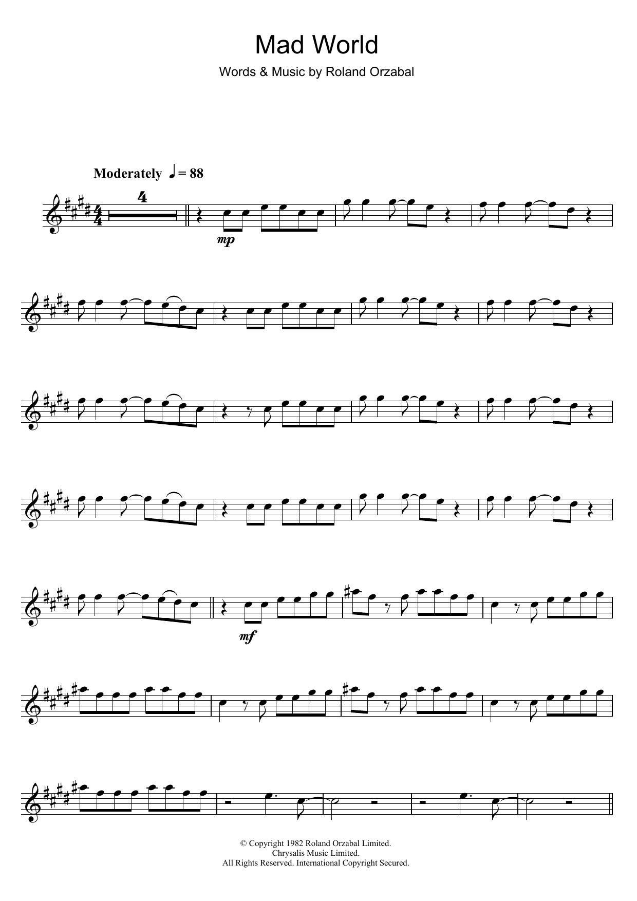 Tears For Fears Mad World Sheet Music Notes & Chords for Clarinet - Download or Print PDF