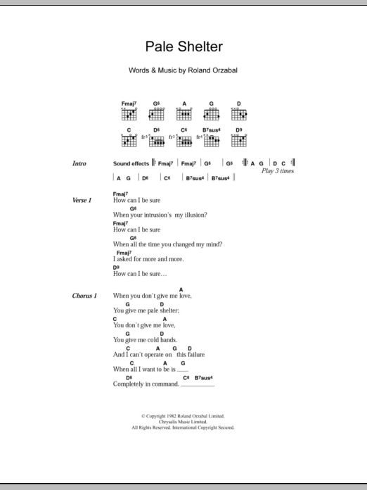 Tears for Fears Pale Shelter Sheet Music Notes & Chords for Lyrics & Chords - Download or Print PDF