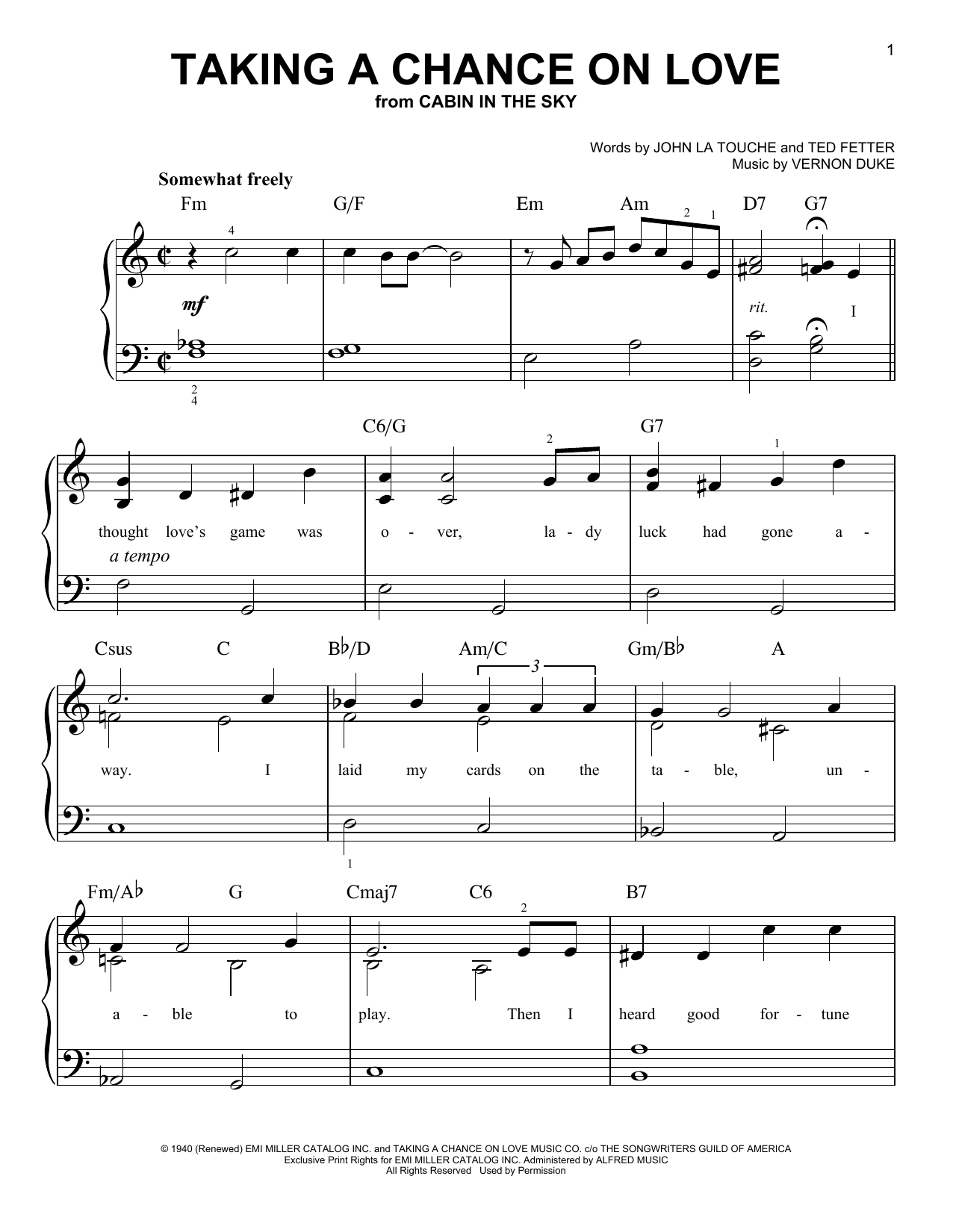 Ted Fetter Taking A Chance On Love Sheet Music Notes & Chords for Easy Piano - Download or Print PDF