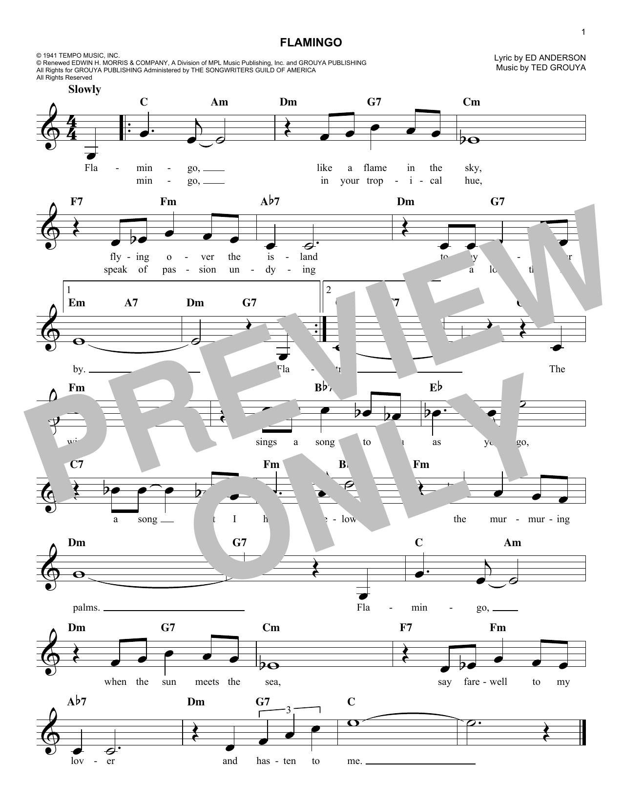 Ted Grouya Flamingo Sheet Music Notes & Chords for Melody Line, Lyrics & Chords - Download or Print PDF